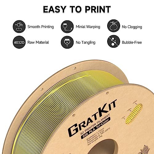 Image of Gratkit Silk Tri-Color PLA Filament,Coextrusion PLA Filament 1.75mm, + /-0.03mm, 1KG /Roll, Silk PLA Red & Yellow & Blue