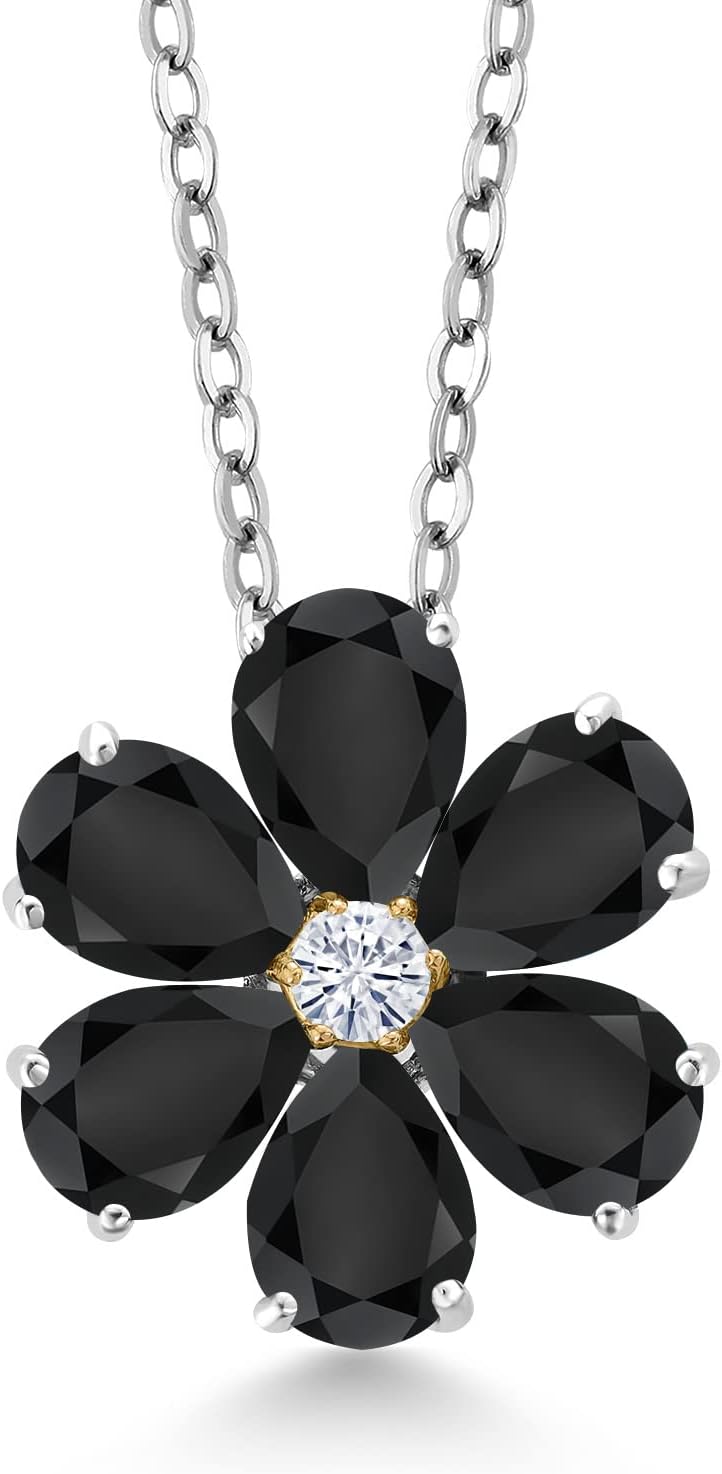 Gem Stone King Pear Shape Flower Pendant Necklace for Women | Gemstone Birthstone Petals and White Moissanite Center | 925 Silver and 10K Yellow Gold | Pear 6X4MM & Round 2.5MM | With 18 Inch Chain