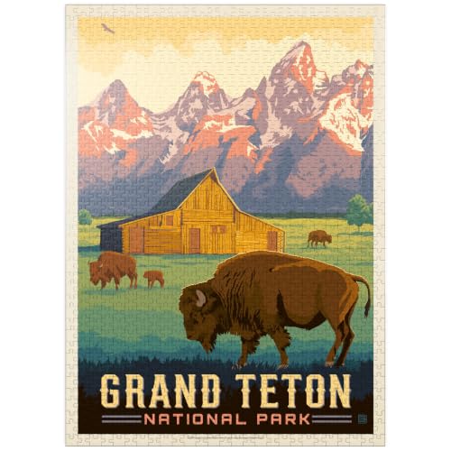 MyPuzzle Grand Teton National Park: Bison & Barn, Vintage Poster - Premium 1000 Piece Jigsaw Puzzle for Adults