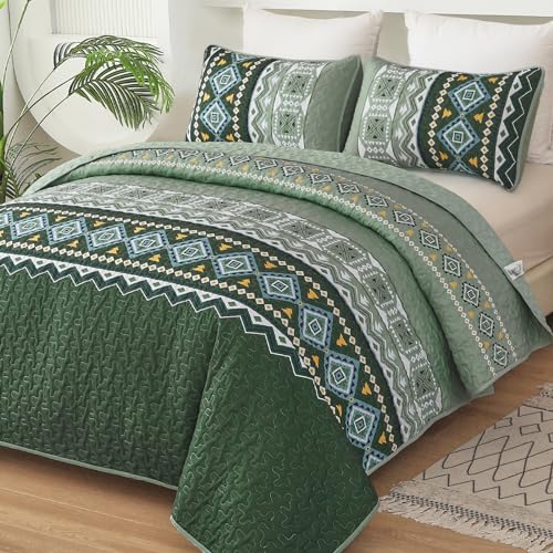 WONGS BEDDING Green Quilt Set Queen Size,3 Pieces Boho Bedspread