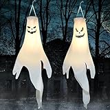 YOTNUS Halloween-Decorations-Outdoor Hanging-Ghost Windsocks for Trees with Timer, LED Ghosts to Hang in Tree Porch Yard, Waterproof, Timer,2 Pcs (No Batteries)