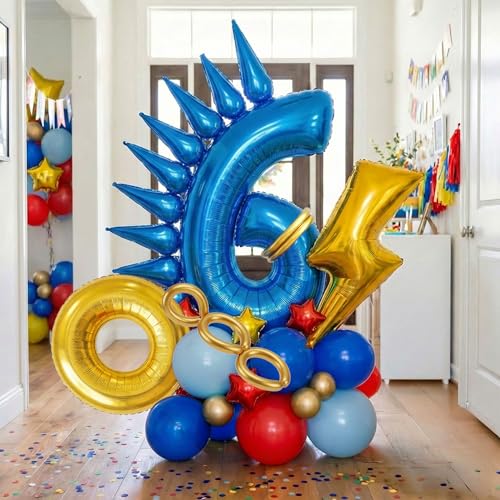 Speed Hedgehog 6th Birthday Balloon Centerpiece Set Royal Blue Red Gold Latex 40 Inch Number 6 Foil Gold Lightning Star Cones for Boys Racing Game Party Table Floor Decor