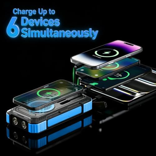 Nymzixt Solar Power Bank 4980omAh Portable Wireless Charger with USB-C 22.5W Fast Charging Built in 4 Cables Compatible with iPhone, iPad, Bright LED Flashlight Perfect for Camping (Blue) - 3