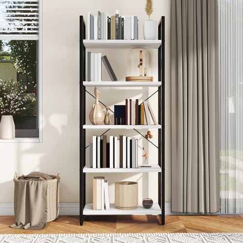 DWVO 5 Tier Bookshelf, White Bookase Storage Organizer, Modern Book Shelf Storage Rack Shelves for Bedroom, Living Room, Home Office, White