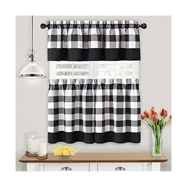 Goodgram modern country farmhouse 3 piece buffalo plaid checkered cafe kitchen curtain tier valance set assorted colors sizes black 36 in l  urban country home decor