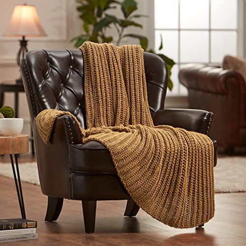 Chanasya Chunky Knit Fluffy Gold Yellow Throw Blanket - Contemporary Textured Super Soft Warm Cozy Plush Lightweight Acrylic Knitted Blanket For Couch Bed Sofa Chair Cover Living Bed Room - Golden #TOP28