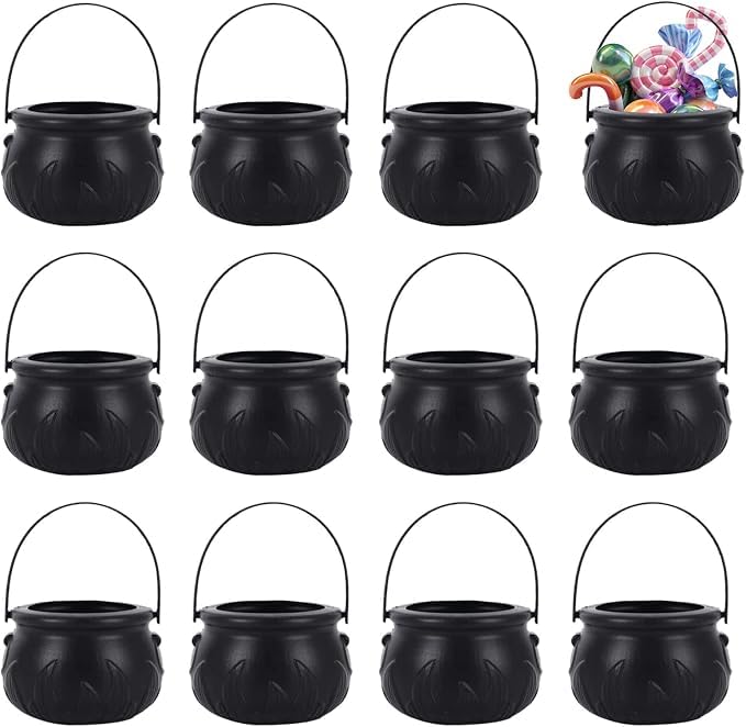 Yukiyi 12 Pcs Mini Plastic Cauldron Halloween Candy Bucket with Handle Candy Holder Pot Skull Heads Shaped Novelty Kettles Cups Trick or Treat Candy Pail Holder Party Decoration Favors Witch