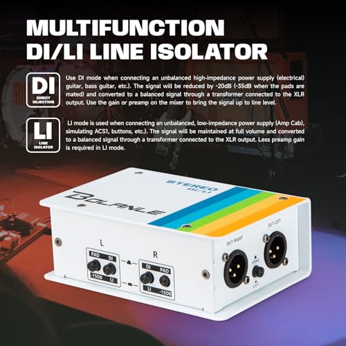 Bolanle Passive Dual Channel Direct Box and Line Isolator DI/LI Switch, Stereo/Mono DI Box for Guitar, Bass, Keyboard, Studio/Stage XLR