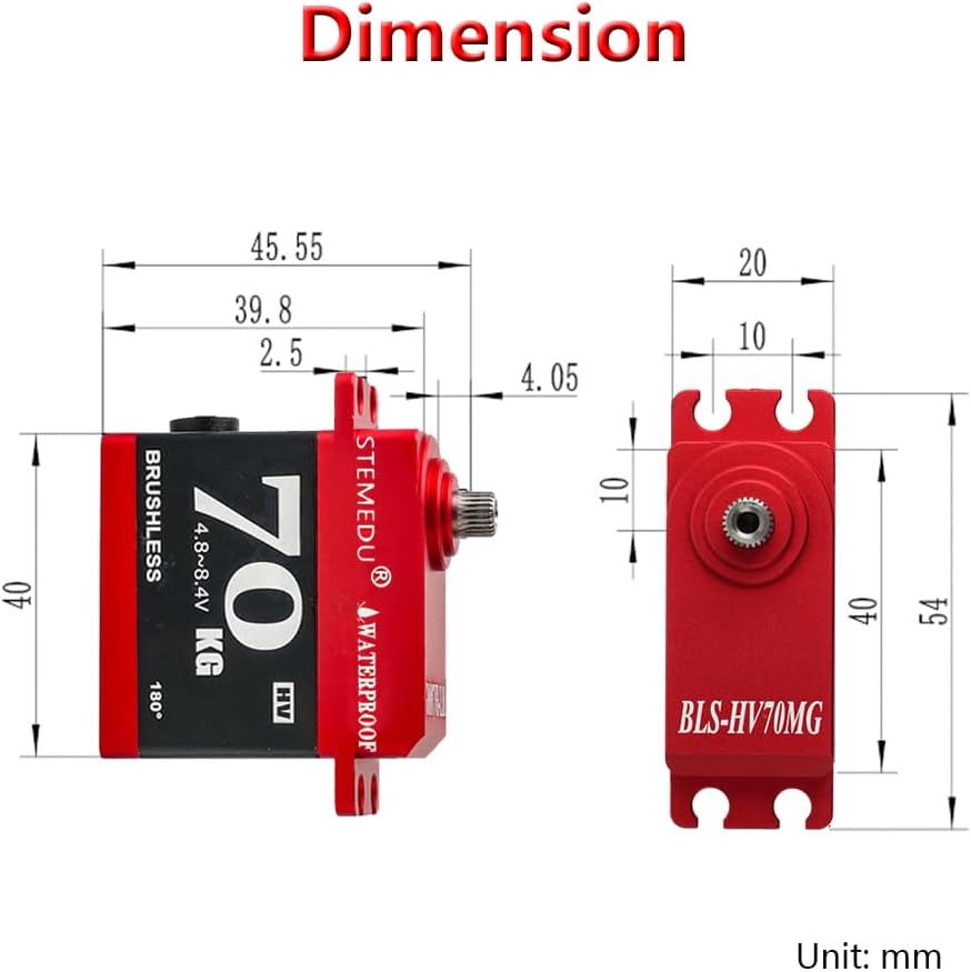 Technical drawing showing the precise dimensions of the Stemedu BLS-HV70MG servo in millimeters.