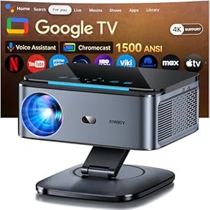 Beamer【1500 ANSI/Autofokus/360°-Drehung】 XIWBSY Projektor 4k Google TV/Sprachsteuerung, WiFi 6 Bluetooth 5.3, 38000 Lumen, Heimkino/Outdoor Beamer Netflix