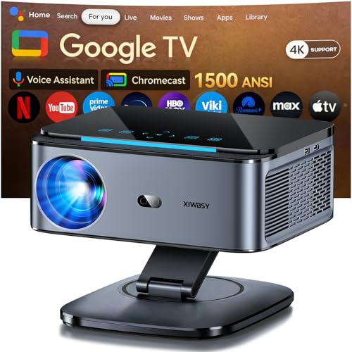 Beamer【1500 ANSI/Autofokus/360°-Drehung】 XIWBSY Projektor 4k Google TV/Sprachsteuerung, WiFi 6 Bluetooth 5, 38000 Lumen, Heimkino/Outdoor Beamer Netflix
