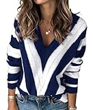 PRETTYGARDEN Sweaters for Women 2025 Long Sleeve Striped Knitted V Neck Pullover Jumper Tops Fall Outfits Fashion Clothing (Striped Blue,Medium)