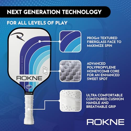 Image of ROKNE Curve Classic Pickleball Paddle, USAPA Approved Pickle Ball Rackets, ProGrit Texture, Max Spin & Control, Comfort Cushion Grip, Long Handle, Fiberglass, Polypropylene Honeycomb Core