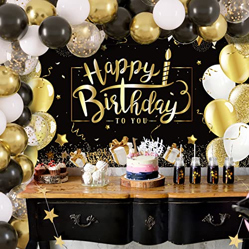 Rubfac Black and Gold Birthday Decorations - Happy Birthday Backdrop with 70pcs Balloon Garland Kit - Thumbnail 4