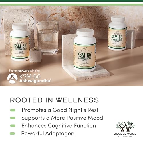 Double Wood Supplements Ashwagandha KSM 66 Organic and Clinically Studied Extract (600mg Per Serving, 120 Capsules, 60 Servings) Adaptogen Cortisol Manager for Women and Men