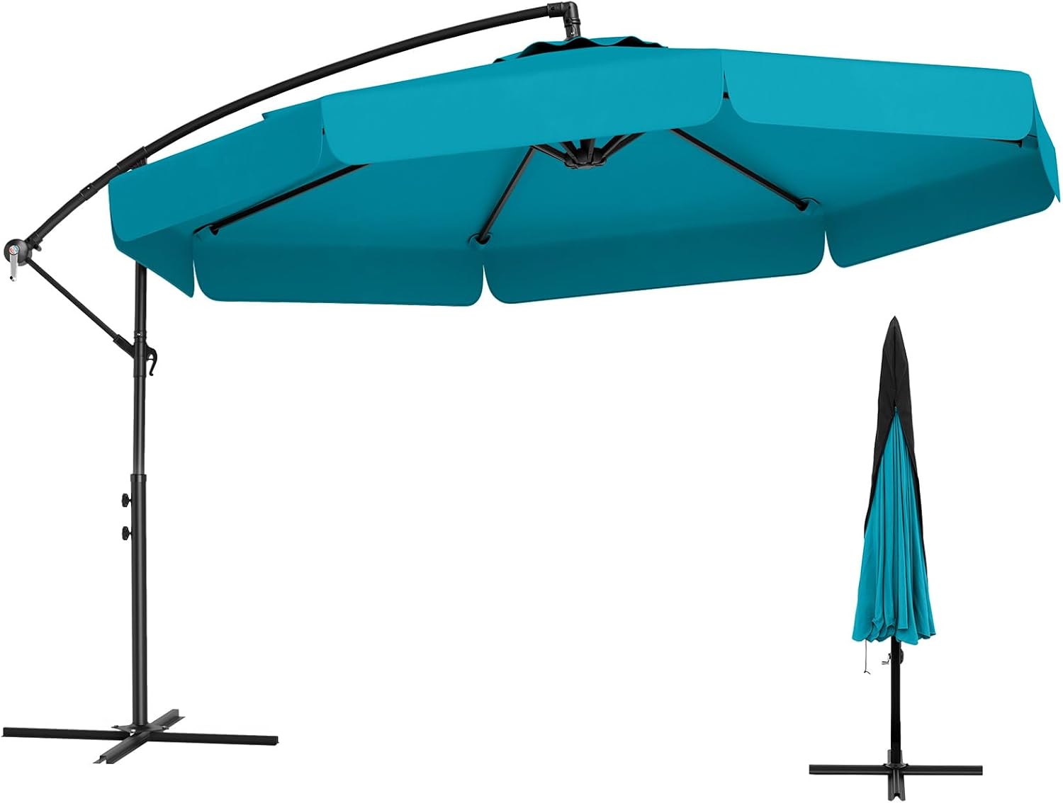 Tangkula 10FT Offset Hanging Umbrella with Cover, Patio Cantilever Umbrella w/ Easy Tilt Adjustment, Crank, Ruffled Edge, 8 Ribs, Sun-Protective Canopy, Heavy-Duty Outdoor Parasol for Pool Garden Deck (Turquoise)