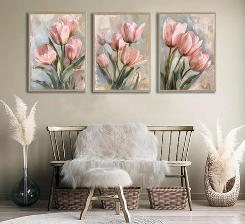 Image of 3 Pcs Vintage Pink Tulips Flowers Canvas Wall Art Retro Spring Pink and Green Floral Botanical Paintings Pictures Wall Decor Poster Print Artwork for Living Room Bedroom Home Decoration Unframed