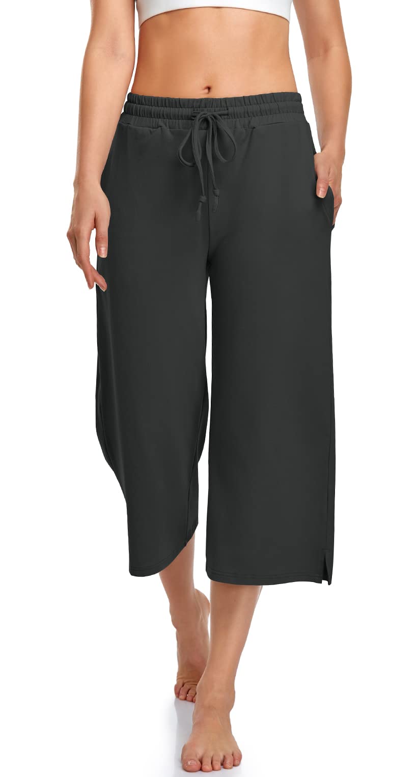 UEU Wide Leg Capri Yoga Pants for Women Casual Loose Fit Lounge Workout Flare Crop Pajama Summer Sweatpants Soft Capris with Pockets Dark Gray