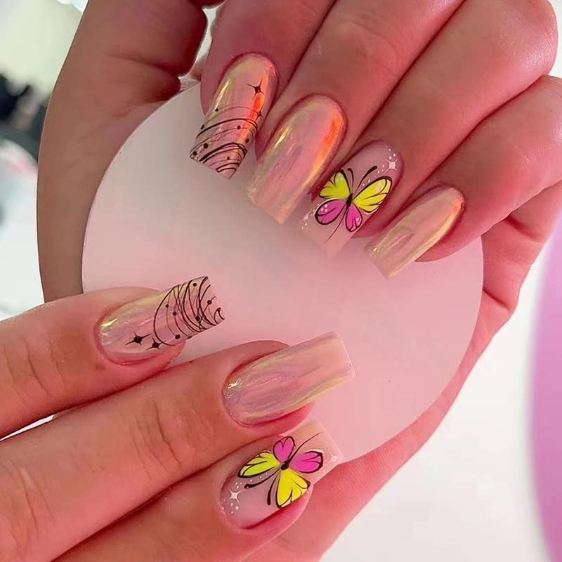 Handcess Coffin Glitter False Nails Medium Pink Press on Nails Butterfly Fake Nails Aurora Stick on Nail for Women and Girls 24Pcs