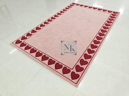 Hand-Tufted Wool Rug – Pink with Red Heart Border Modern