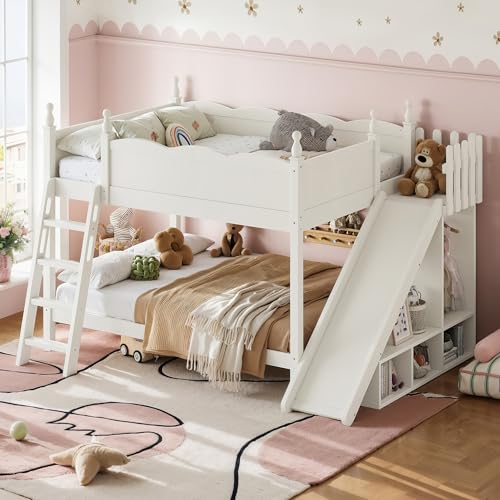 Image of Bellemave Bunk beds Full Over Full with Slide and Stair, Low bunk /loft Bed for Kids,Beige
