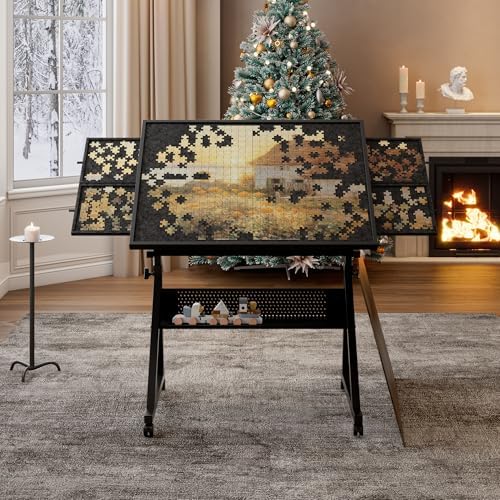 Adjustable 1500-Piece Jigsaw Puzzle Table with 4 Felt Trays, Wooden Cover, Large Storage, and 4 Universal Wheels - Perfect for Adults, Black Color