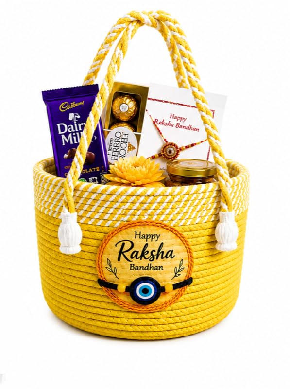 Image of BROOM Raksha Bandhan Gift Hamper Basket | Handmade Cotton Rope Storage Basket with Handle | Decorative Organizer for Chocolates, Dry Fruits, Return Gifts, Home Decor & Festive Celebration (Yellow)