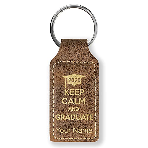 LaserGram Rectangle Keychain, Keep Calm and Graduate 2024, 2025, 2026, 2027, Personalized Engraving Included (Rustic with Gold)