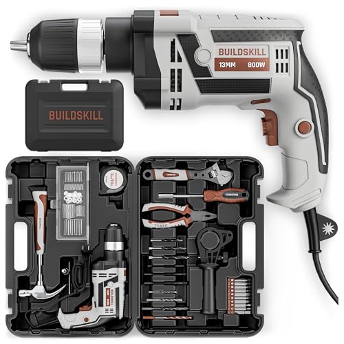 Image of BUILDSKILL 136 PCs Impact 800W Corded Electric Drill Toolkit | 3300 RPM | 48000 Impact Rate | Copper Motor | 13mm Keyless Chuck Drill Machine for Wall Drilling | Forward-Reverse | Professional & DIY