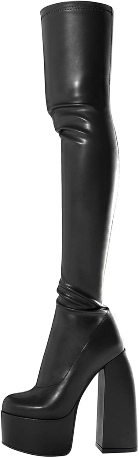 Roimaash Women's Thigh High Heels Latex Boots Over-the-knee Boots High Knee Boots Platform Stretch