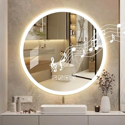 Foto di Litglobe Bluetooth Specchio Bagno con Luce 60x60cm,Specchio LED Bagno Rotondo Moderno con Antiappannamento,Interruttore Touch,Funzione Memoria,3 Colori Regolabili