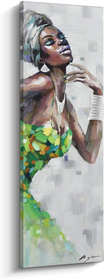 PinetreeArt Black Art Wall Decor Black Women in Dress African American Wall Art Canvas Painting for Home Decoration for Livingroom (D, 12 x 36 inch)