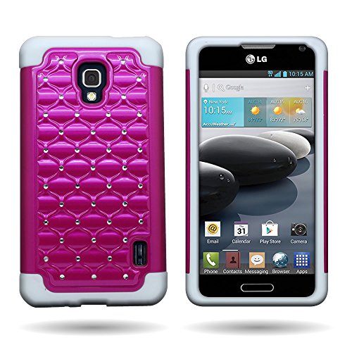 CoverON® Hybrid Dual Layer Diamond Case for LG Optimus F6 - Hard Rose Pink Rubber + Soft White Silicone