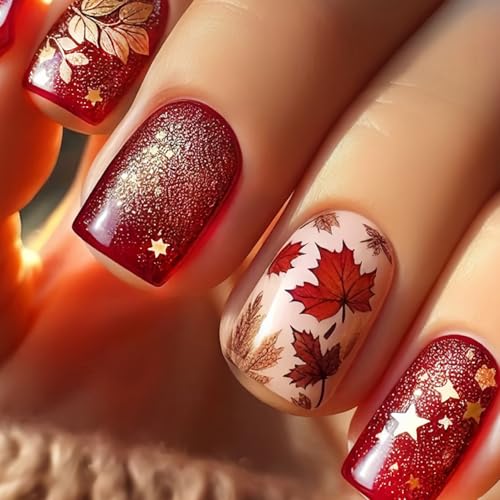 Maple Leaf Press on Nails Short Square Nails Thanksgiving Day Fake Nails with Glue Gold Red Maple Leaf Acrylic Nails Design Autumn Leaf Full Cover False Nails for Women DIY Manicure Nail Decoration