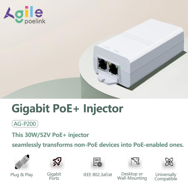 Gigabit PoE+ Injector 30W IEEE802.3at/af Compliant, Supplies PoE(15.4W) or PoE+(30W) Power Over Ethernet Distances Up to 328ft, PoE Injector Adapter for Camera/Access Point/IP Phones, AG-P200