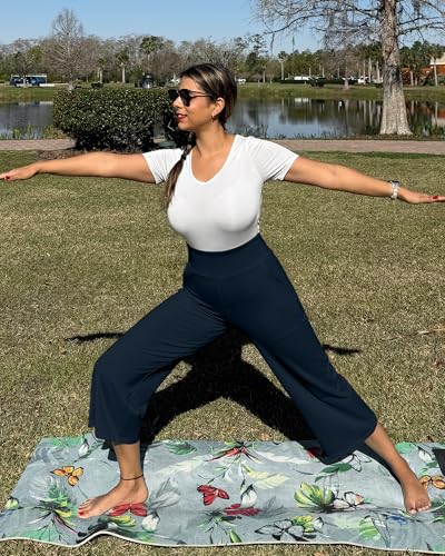 Image of G4Free Capri Pants for Women Wide Leg Yoga Dress Cropped Pants Capri Leggings with Pockets for Casual Summer