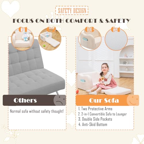 Toddler Baby Chair Couch Sofa Kids Foldable 2-in-1 Sherpa Fold Out Couch Bed Toddler Chairs Comfy for Boys & Girls Convertible Kids Furniture Sofa to Lounger for Playroom with Double Pockets, Pink