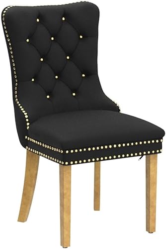 Miniatura 5 de Juego de 2 sillas de comedor negras tapizadas de terciopelo con ribete de anillo trasero y patas de acero inoxidable doradas, silla copetuda con
