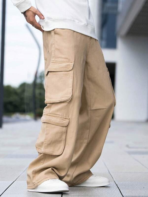 Image of Men's 8 Pocket Cargo Pants | Premium Cotton Twill Baggy Fit Trousers | Stretchable Casual Streetwear Cargos | Mid Rise