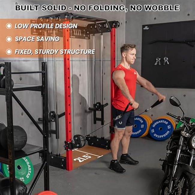 Wall Mounted Power Rack ¨C 1600LB Capacity Compact Commercial Home Gym with Dual Cable Crossover, LAT Pulldown, Multi-Grip Pull-Up Bar & Landmine Attachment for Small Spaces, P67 Striker Red
