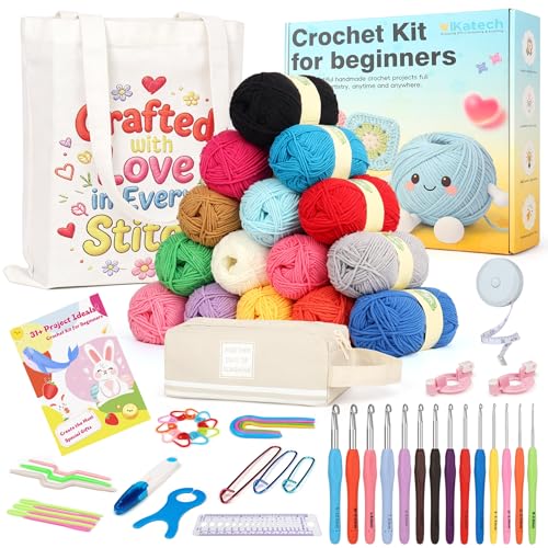 Image of Katech Crochet Kit for Beginners Adults Kids-Crochet Starter Kits-Includes Soft Yarn for Crocheting, Hooks, Accessories, Tutorials, Ideal Crocheting Kit for Kids Adults as Gift