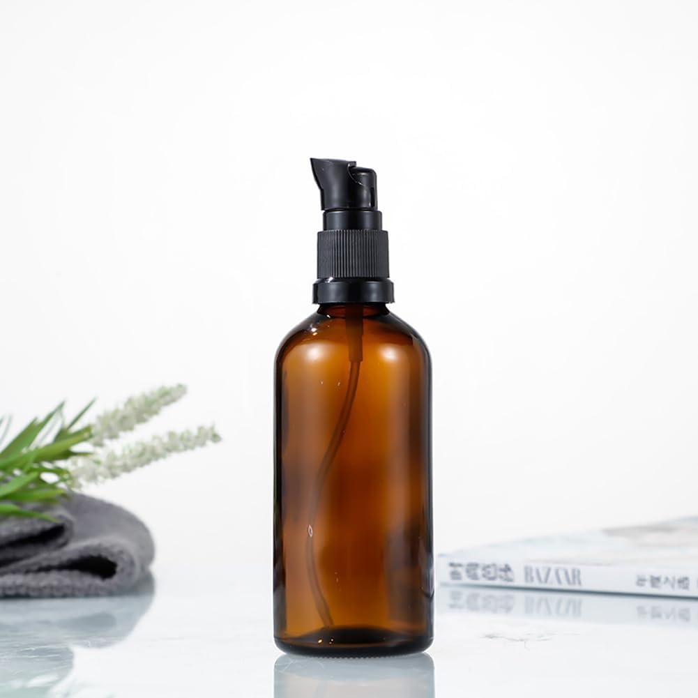 2 Pcs 100ml 3.4oz Amber Glass Travel Bottles with Black Lotion Pumps Leakproof Pump Press Bottles Lotion Dispenser Soap Dispenser Cream Cosmetics Bottle Containers Jar for Toiletries - Image 5