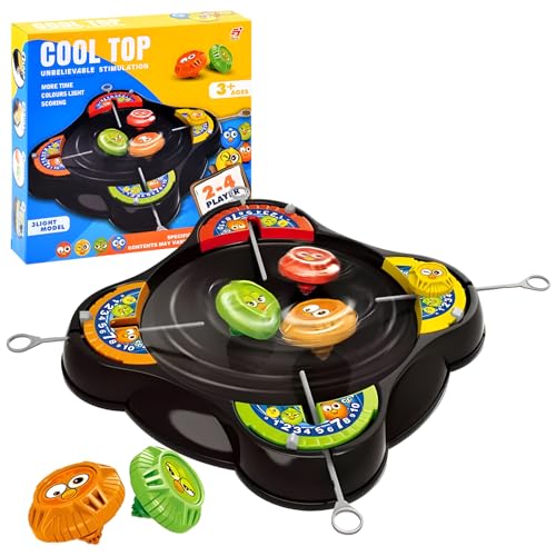 Image of WISHKEY 4 Players Cool Spinning Battle Top Game, Gyro Battle Toy, Funny Emoji Launchers, Spinning Toy with Classic Super Disk, 4 Spinners & Launchers for Kids, 3+ Years (Pack of 1, Black)