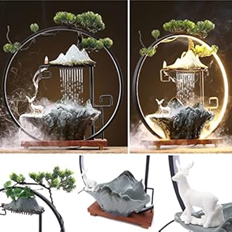 17In Water Fountains Indoor Tabletop Water Fall Humidifier with LED Light and Atomizer Mist, Zen Decor Meditation Japanese Decor Fake Plants Feng Shui Decor Festival Birthday Gift for Good Luck Wealth