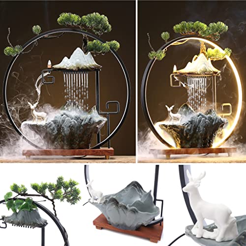17In Water Fountains Indoor Tabletop Water Fall Humidifier with LED Light and Atomizer Mist, Zen Decor Meditation Japanese Decor Fake Plants Feng Shui Decor Festival Birthday Gift for Good Luck Wealth