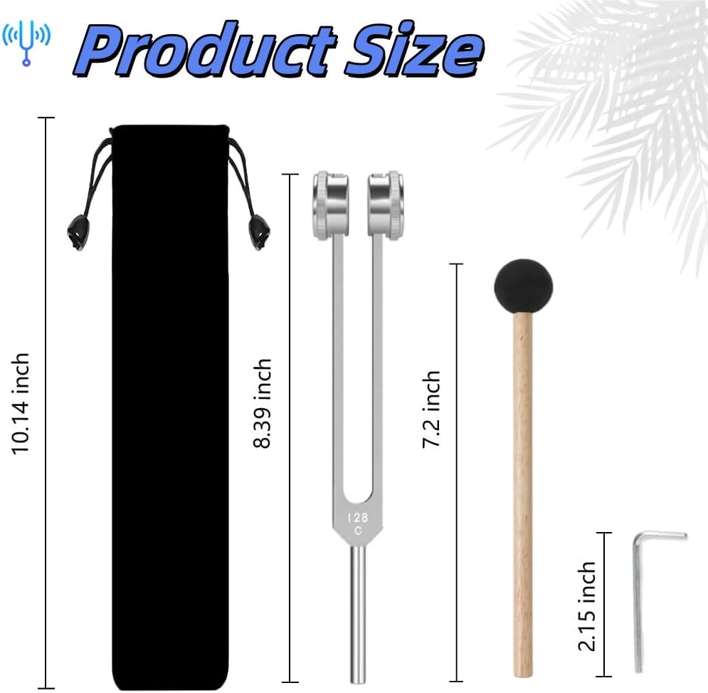 128 Hz Tuning Fork for Healing Chakra, Weighted Aluminum Alloy Fork with Silicone Reflex Hammer and Bag, Sound Therapy Meditation Musical Instrument