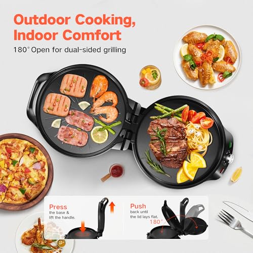 12-Inch Pizza Maker & Electric Griddle Nonstick - CACHOO Countertop Pizza Oven with 30-Min Timer & Auto Shut-Off, 180° Open Indoor Grill for Burgers, Crepes, Quesadillas, Pancakes, Omelets