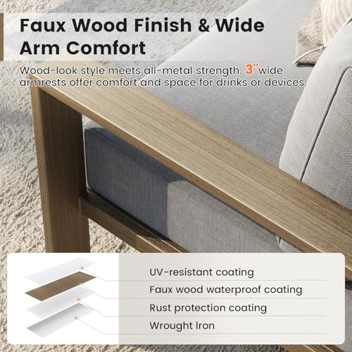 UDPATIO 6 Piece Patio Furniture Set, Faux Wood Metal Outdoor Sectional Sofa with 6\" Thick Olefin Cushions, Wide Armrest & Coffee Table, L Shaped Outdoor Furniture for Garden, Backyard Dark Grey