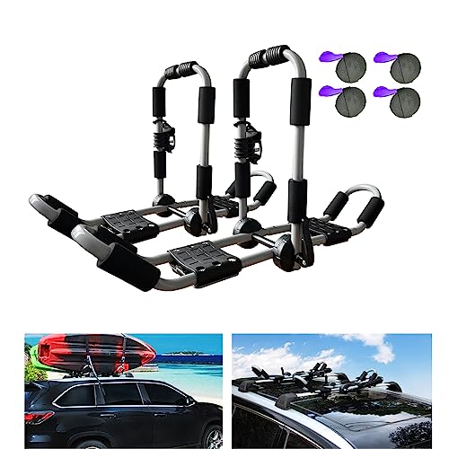 ASMSW Kayak Roof Rack 1 Pair for Kayak/Surf/Ski Rack Folding Adjustable Bilateral J-Shaped Roof Rack with 4 PCS Tie Down Straps On Rooftop Mount on Car SUV Truck Crossbar