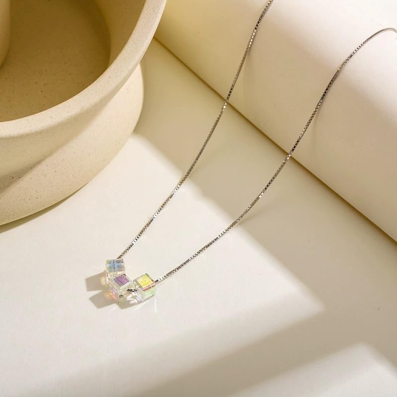 Sparkling Crystal Cube Pendant Necklace for Women 925 Sterling Silver Aurora Candy Crystal Necklace Rhinestone Chain Austrian Necklace Jewelry Gift for Mom Wife Daughter Valentine Mothers Day - Image 8